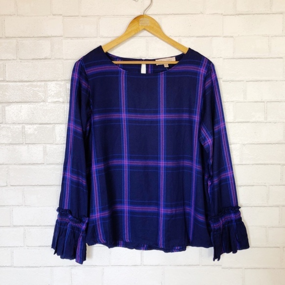 Philosophy Rayon Purple & Blue Soft Plaid Bell Sleeve Wide Neck Blouse Top